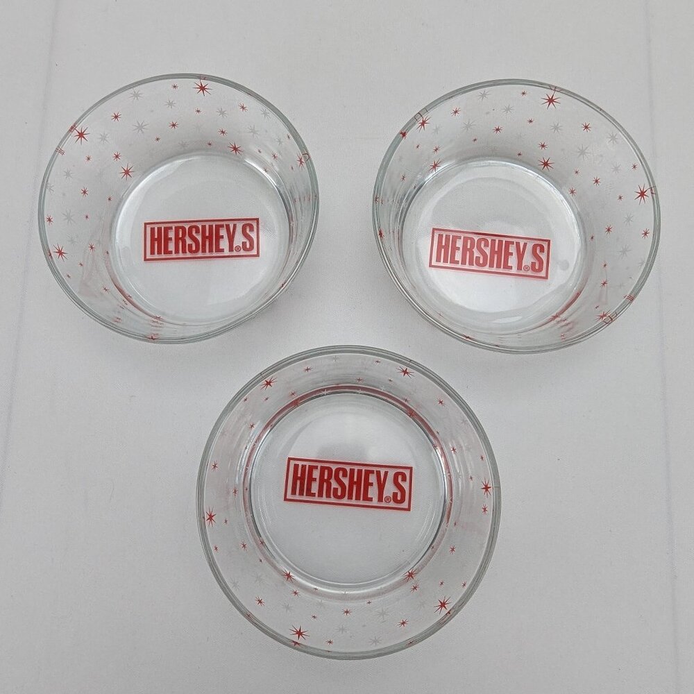 Vintage Hershey's Dessert Bowls Lot of 3 Clear Red White Starbursts Retro 4.5"